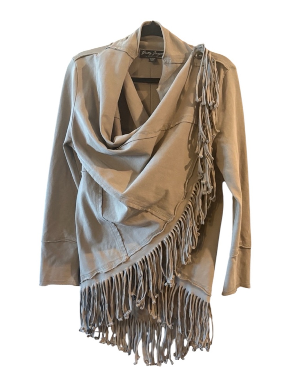 Gretty Zueger Gray Benny Cotton  Fringe Cardigan Boho Draped Open Front